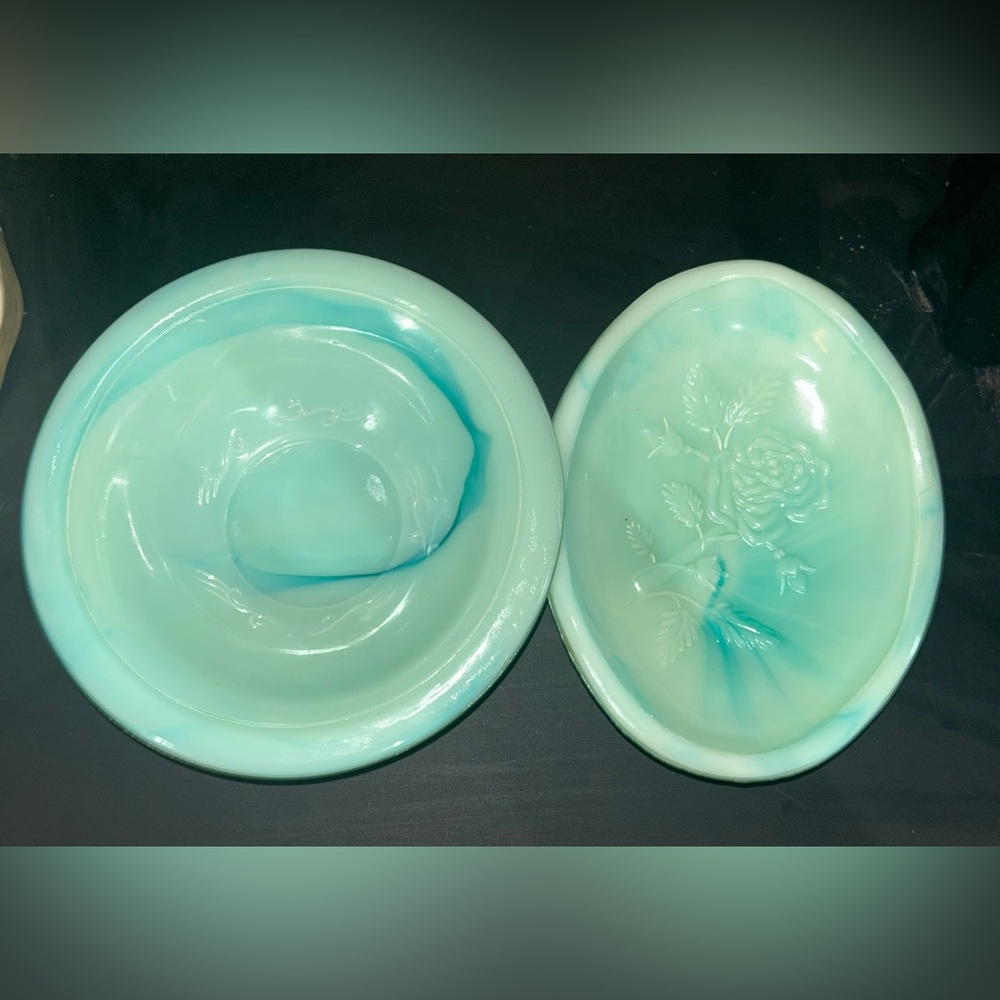 Vintage Avon Jadeite Moonwind Bubble Bath Bottle and Powder Sachet Container Set - Picture 5 of 6
